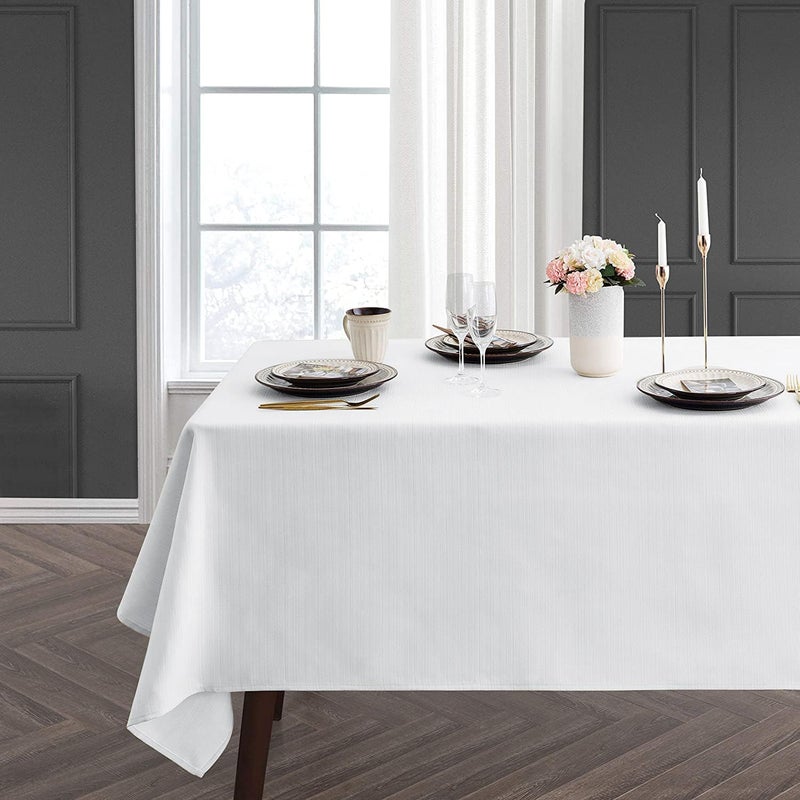 JUCFHY Luxury Stripe Fabric Tablecloth, Heavy Weight Classic 100% Polyester Table Cover, No Iron, Water Resistance Soil Resistant Holiday Tablecloth for Dining Room,60 Inch x 144 Inch Oblong,Ivory White - Image 1